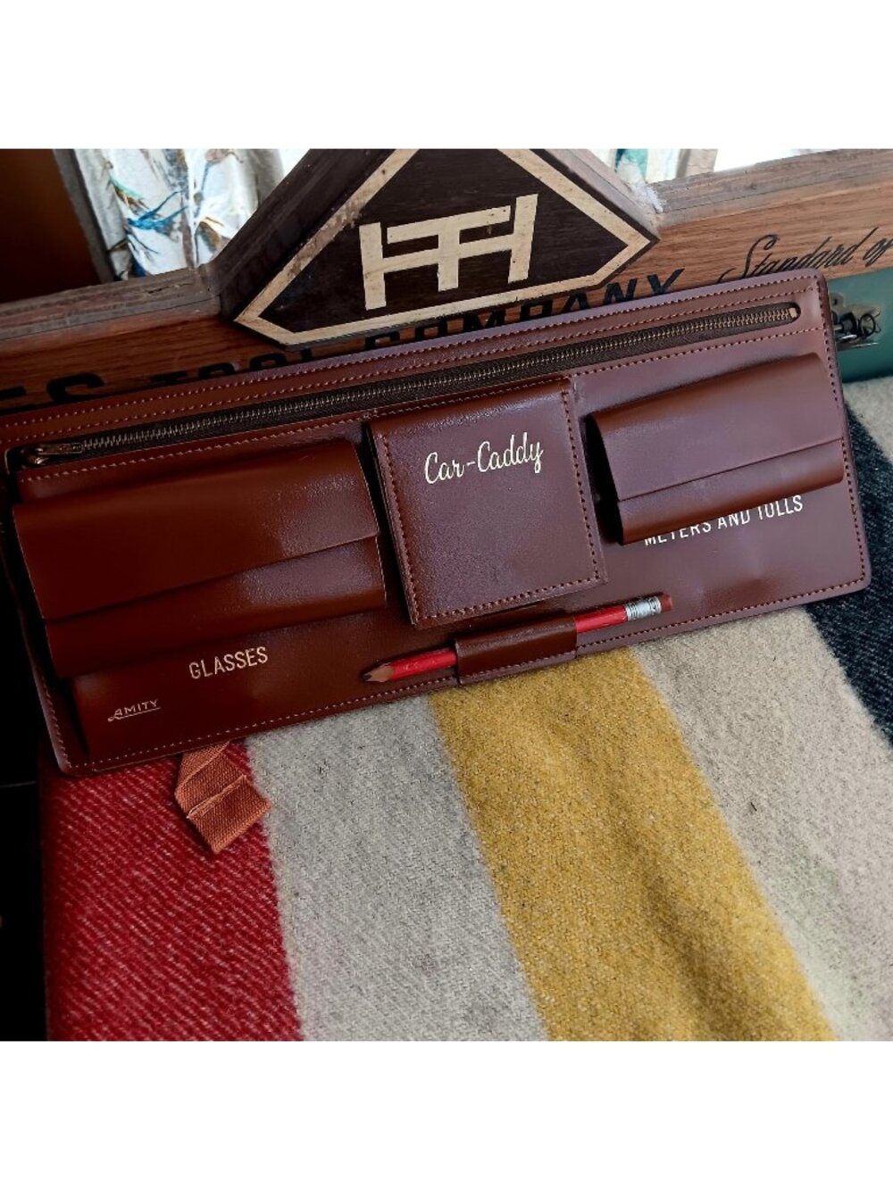 Vintage 1950s 60s Amity Car-Caddy Brown Leather Organizer Hot Rod Sun Visor